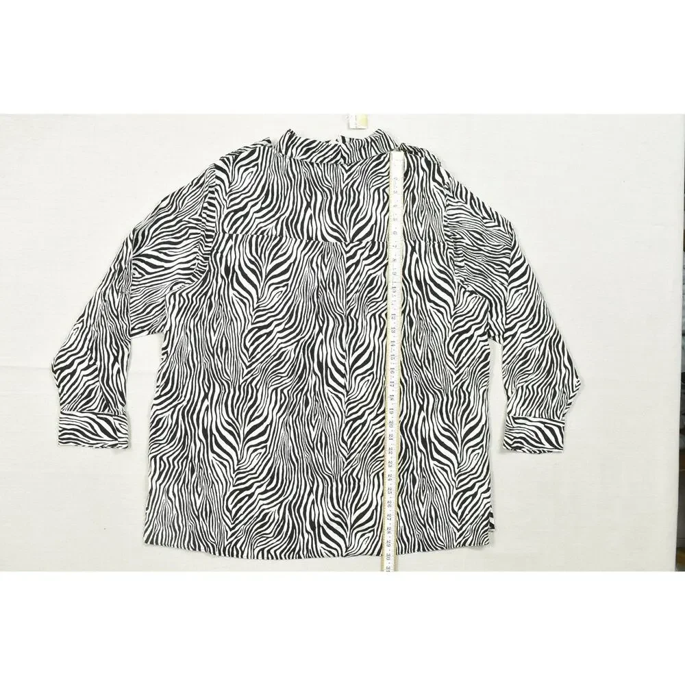 Michael Kors Women's 2X Zebra Print Linen Viscose Button Up Blouse Long Sleeve B